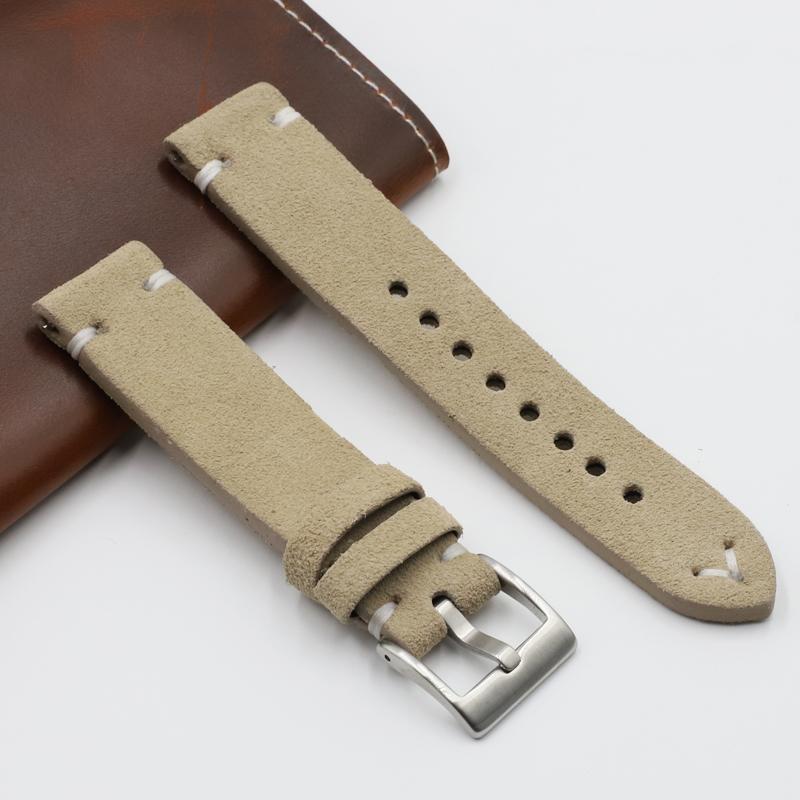 

Soft Suede Leather Watch Strap 18mm 20mm 22mm 24mm Brown Vintage Replacement Wristband Handmade Stitching Universal Watchband 24mm бежевий