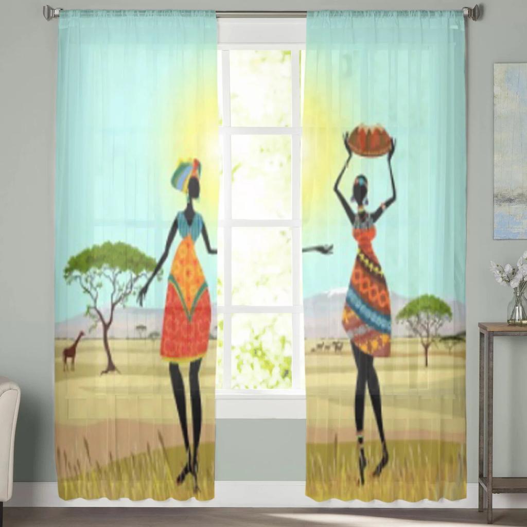 Afrikanische Frauen in Berglandschaft Gardinen für Schlafzimmer Wohnzimmer Tüllvorhänge für Küche Fenster Voile-Vorhänge