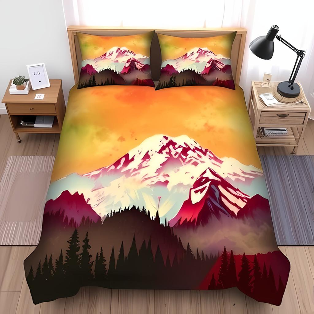 Soft with Soft Fabric Duvet Cover Set Stuning Snow-Caped Mountains Grazing Horses Design Perfect for Nature Lovers Soft Warm plus Breathable Quen
