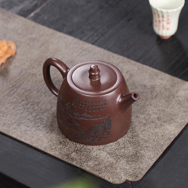 Handmade Yixing Zisha Purple Clay Teapot, Engraved and Painted Han Duo Pot for Gongfu Tea Brewing