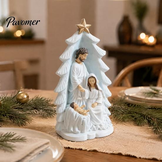 Christmas Religious Gift for Baptism Holy Family Nativity Statue, Tree Resin Ornament, Hand-Painted Ornament Tabletop Decor Home Altar & Fireplace