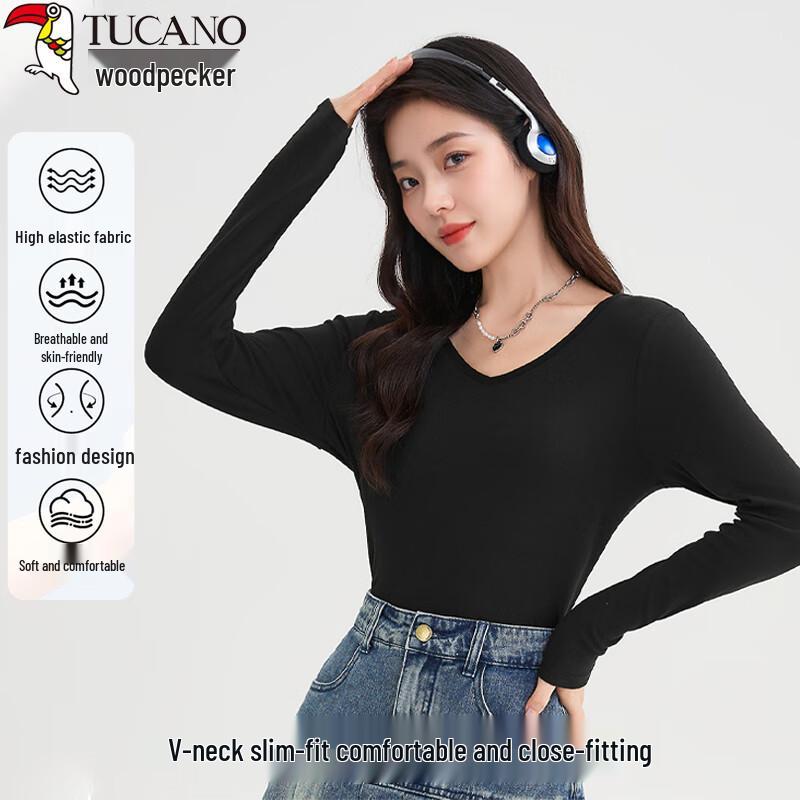 Woodpecker Women s V-Neck Long Sleeve Thickened T-Shirt 2XL