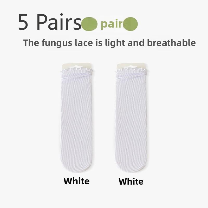 5 par Koronkowe Skarpetki Lodowe Damskie Średniej Długości Letnie Cienkie Średniej Długości Jedwab Lodowy Krawędź z Drewnianym Uchem ze Skórzanymi Małymi Butami Skarpetki Frotte