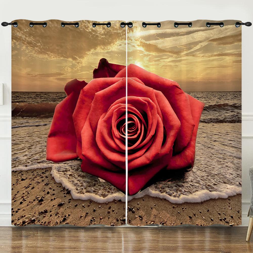 Curtains Flowers Roses Plants Flowers 3D Digital Printing Blackout Curtain Punching