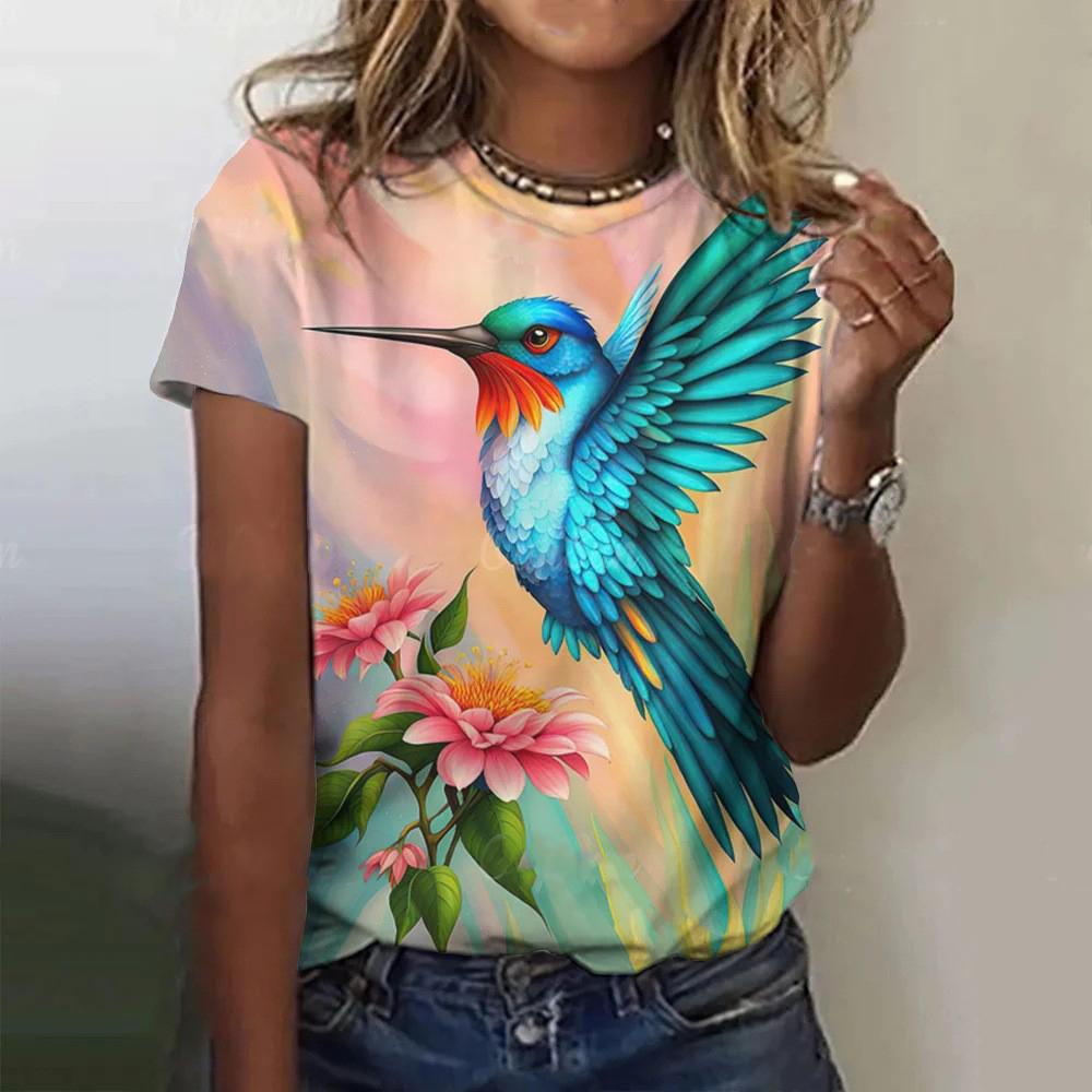 Color Animal Bird 3D Print Women Casual O-Neck Short Sleeve Harajuku Streetwear Y2k Tops