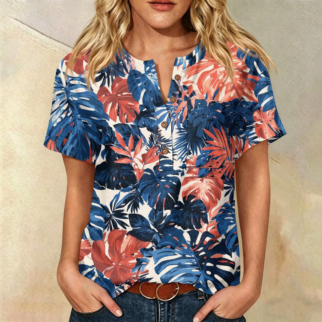 Damen Freizeit Hemd mit Print, Henley-Knopfleiste, kurzen Ärmeln, Baumwoll-Leinen-Mischung und Brusttasche für den Sommerlichen Alltagsgebrauch