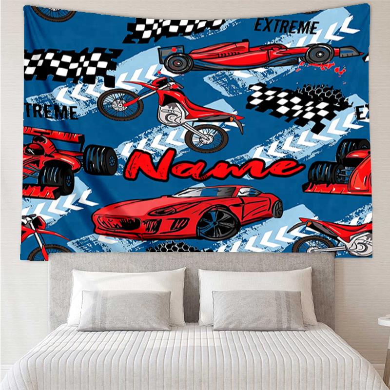 Custom Name Racing Print Tapestry, Backdrop, Easy Setup, Ideal for Bedroom, Office & Living Room, with Aesthetic Wall Hanging Decor.