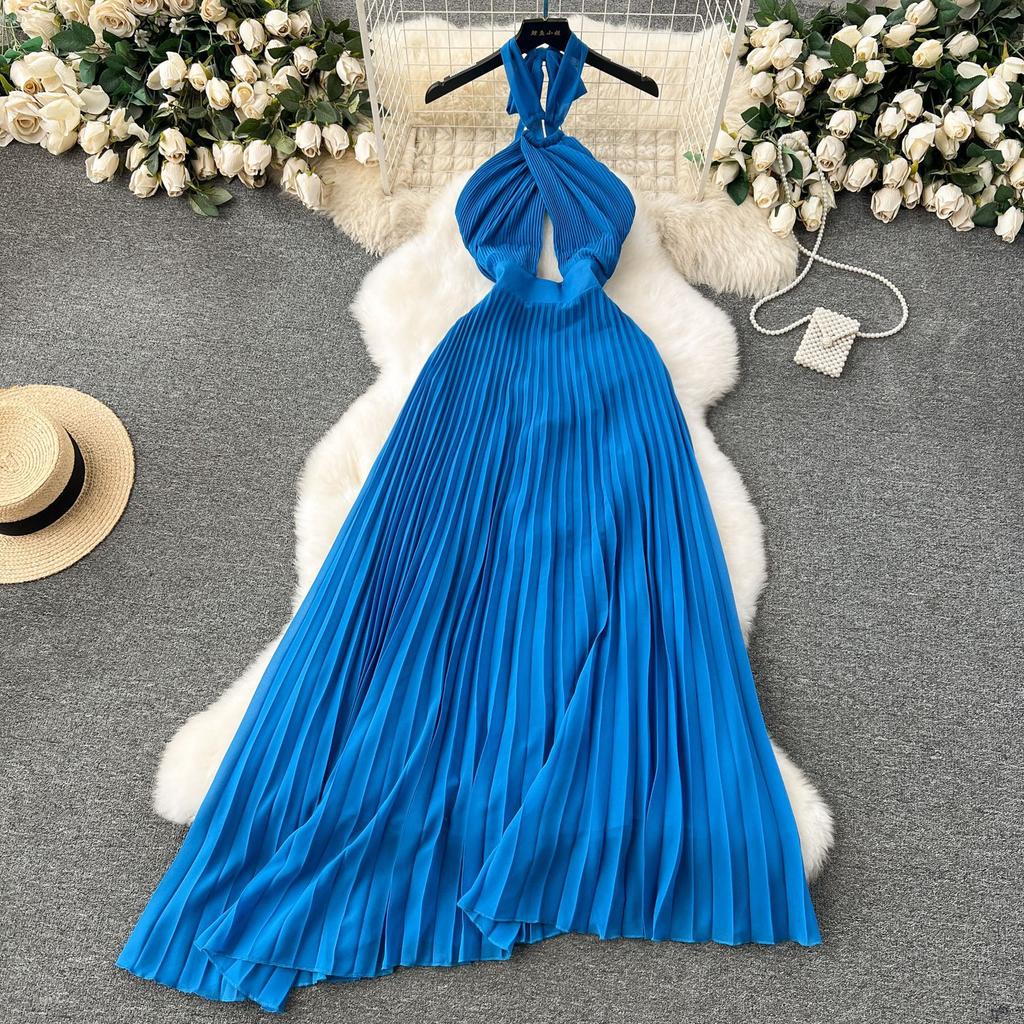 Sanya seaside vacation wear sexy backless scheming hollow neck dress women's pleated long pleated skirt
