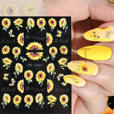 5D Embossed Nail Stickers Decals Sunflower Tulip Nail Design Nail Art Decoration