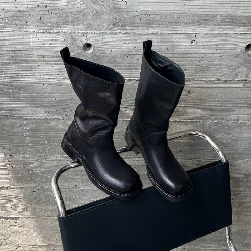 

Autumn and winter women s leather boots big tube circumference Martin boots leather comfortable thick sole medium heel rubber sole new low tube bo 40 чёрный