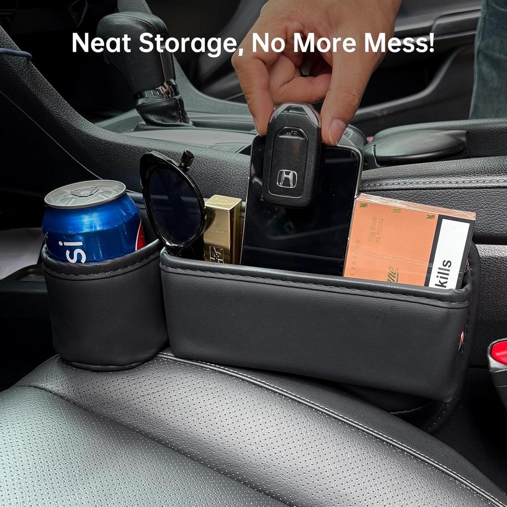 2 Packs Car Seat Filler Organizer, Leather Car Seat Oganizer With Cup Holder,Car Storage Accessories For Phone,Sunglasses,Keys, Universal Fit For