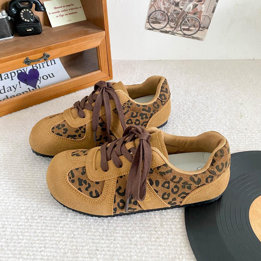 A9863 latex insole/leopard print German training shoes women's lightweight 2024 new autumn niche Hong Kong style chic tide board shoes