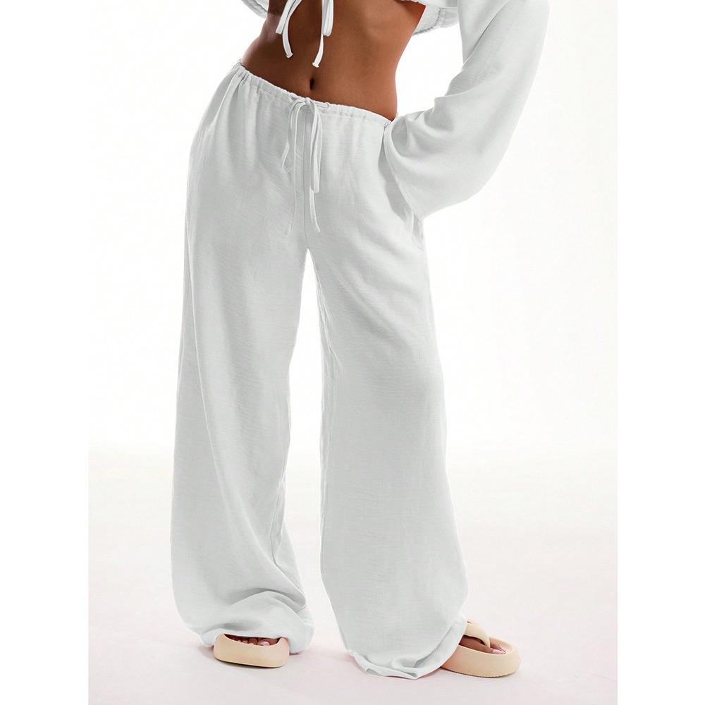 Spring Summer Wide Leg Pants Fashion Women Black Solid Loose Drawstring Baggy Pant Casual Pocket Trousers