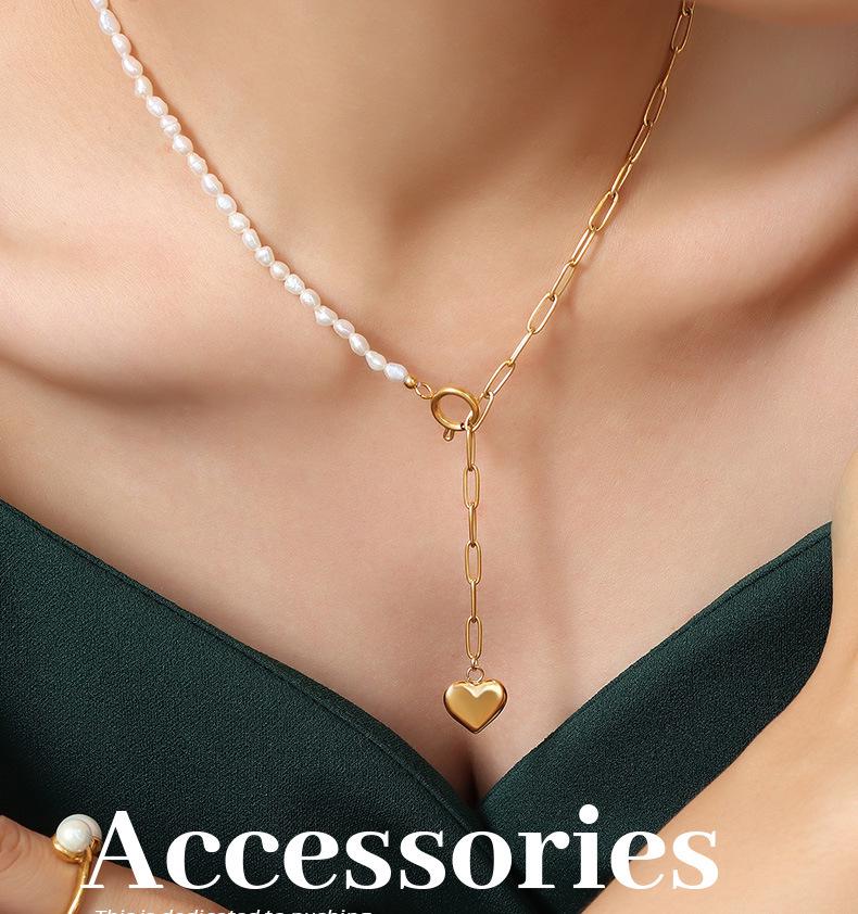 Elegant Heart Pendant Necklace with Natural Freshwater Pearl and Clavicle Chain