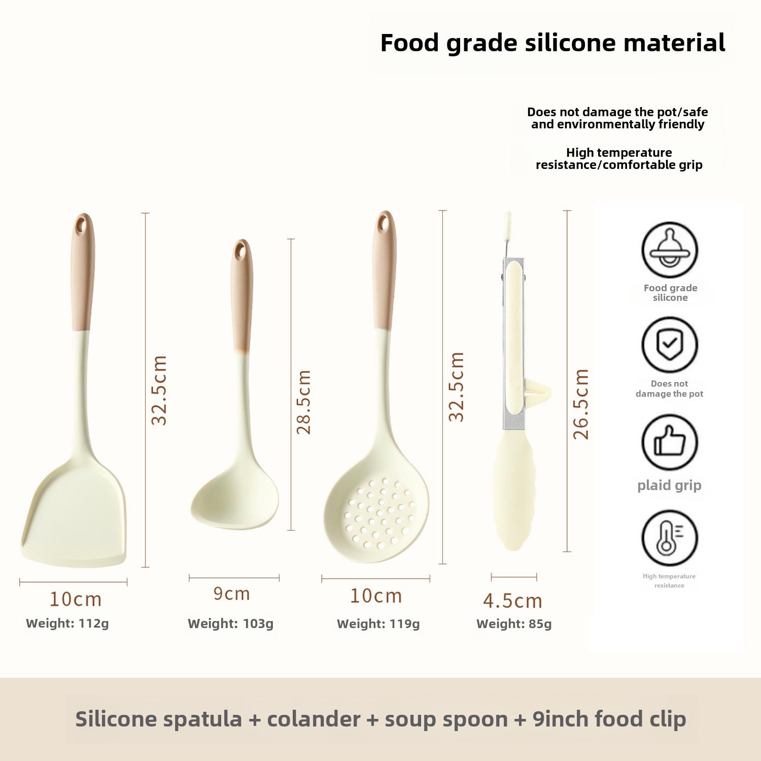 

Набор для приготовления пищи из 4-х предметов из силикона: Лопатка, зажим для еды, ложка для супа, антипригарное покрытие. Идеально подходит для бытовой кухонной утвари.