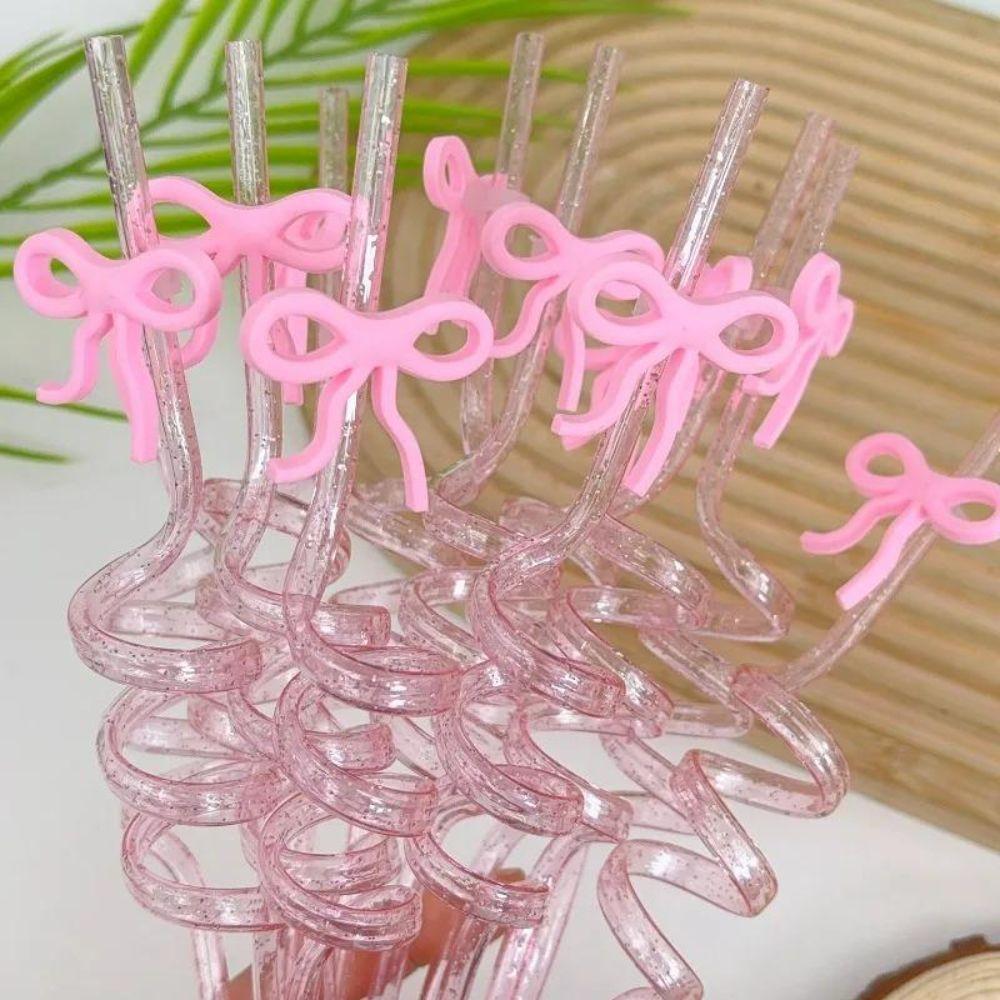 10Pcs Bent Tube Pink Bow Straws Reusable Curved Straw Cute Drinking Straw  Birthday Wedding Supplies