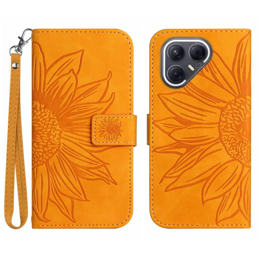 For TECNO Pova 7 5G Case Sunflower Imprint Leather Wallet Phone Cover with Wrist Strap