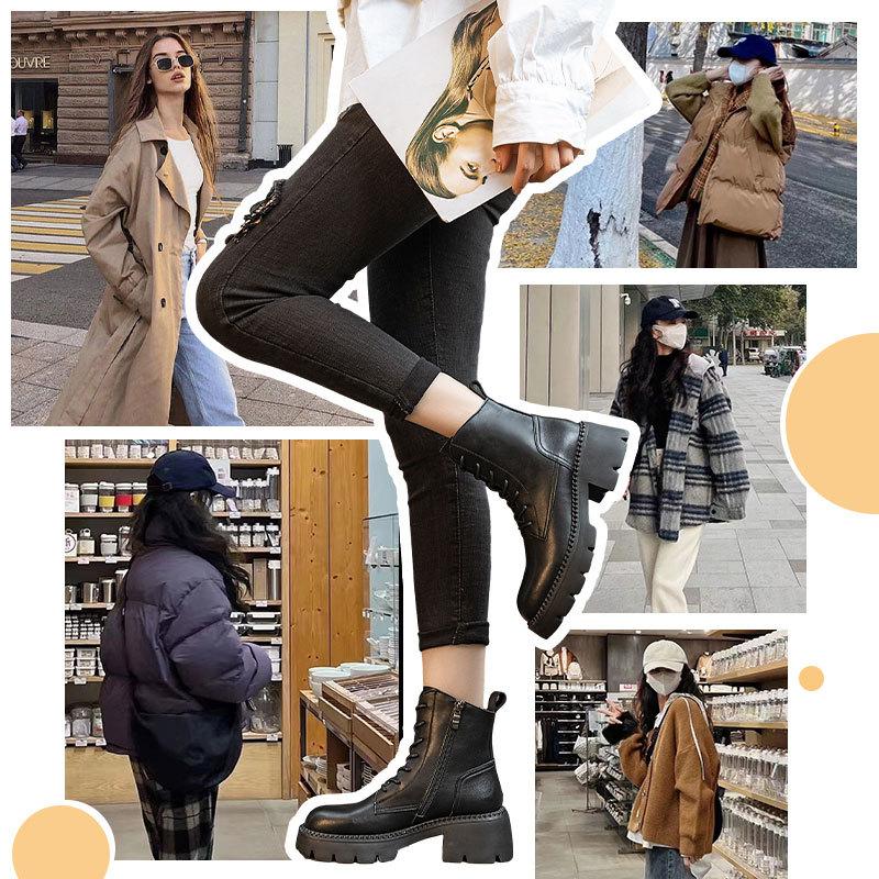Vintage British Leather Martin Boots Autumn and Winter Thick Heel Fleece Women's Boots Versatile Round Head High Heel Short Boots