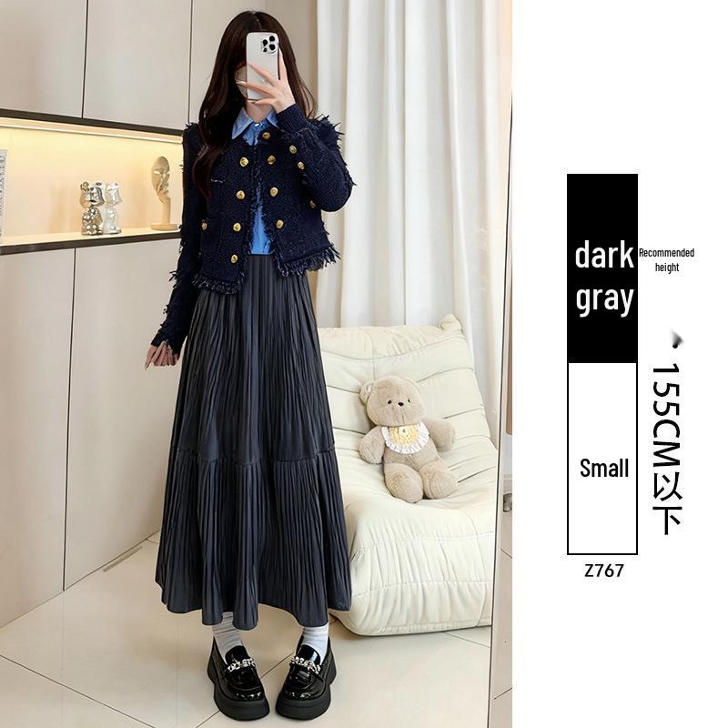 Women's Black Gold Velvet A-line Pleated Midi Skirt, High Waist, Spring/Autumn 2026