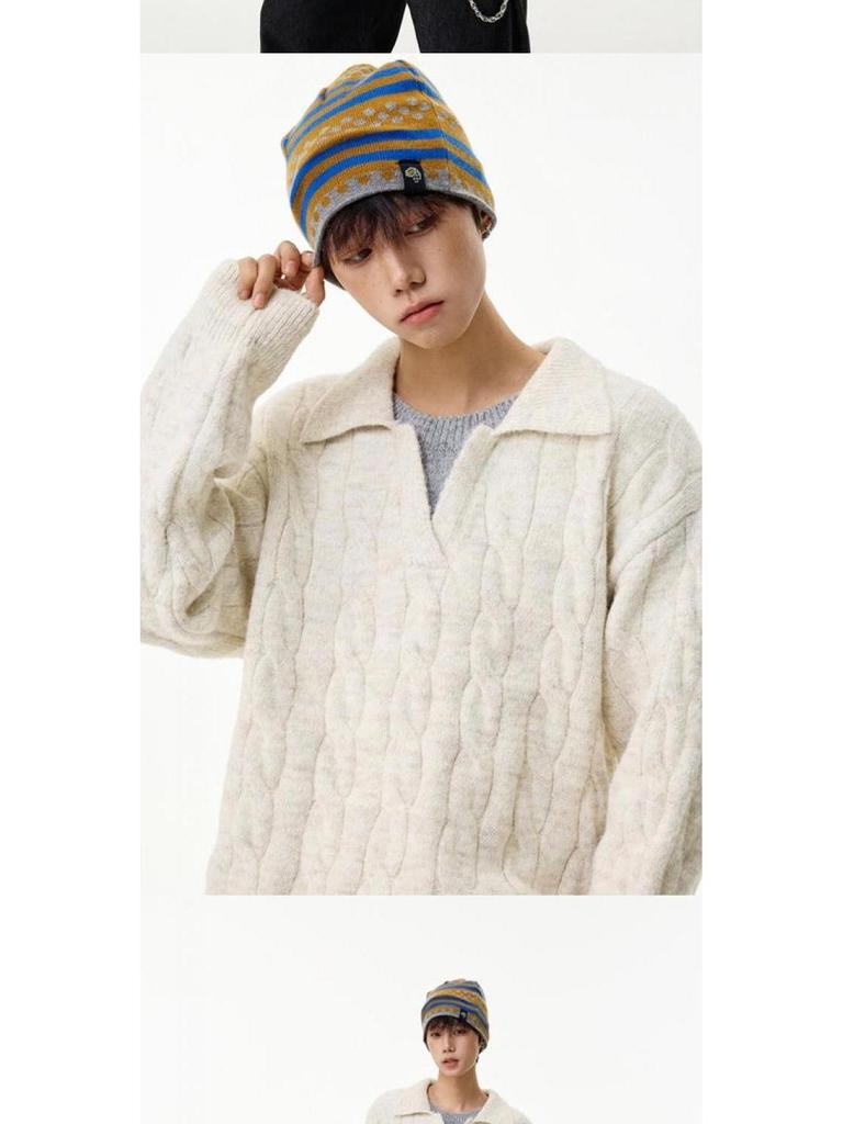 Unisex Faux Two-Piece V-Neck Knit Sweater - Loose, Lazy Style Wool Base Layer for Autumn/Winter.