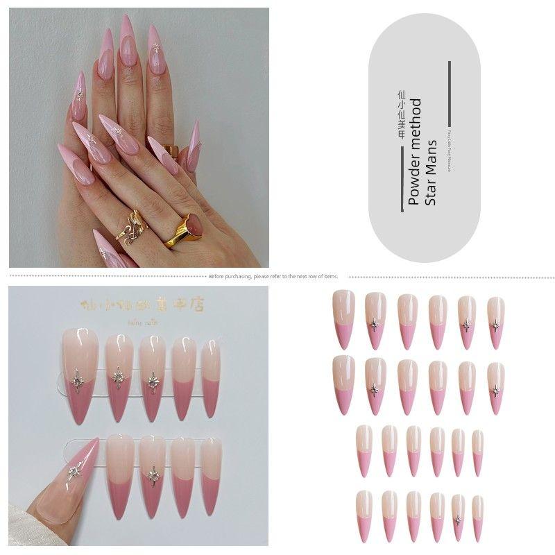 

Pink French Style Long Pointed Wear Nail Asterism Rhinestone Nail Stickers Finished Product Fashion Sweetheart Sexy Fake Nail Tip 504-powder method Star Mans
