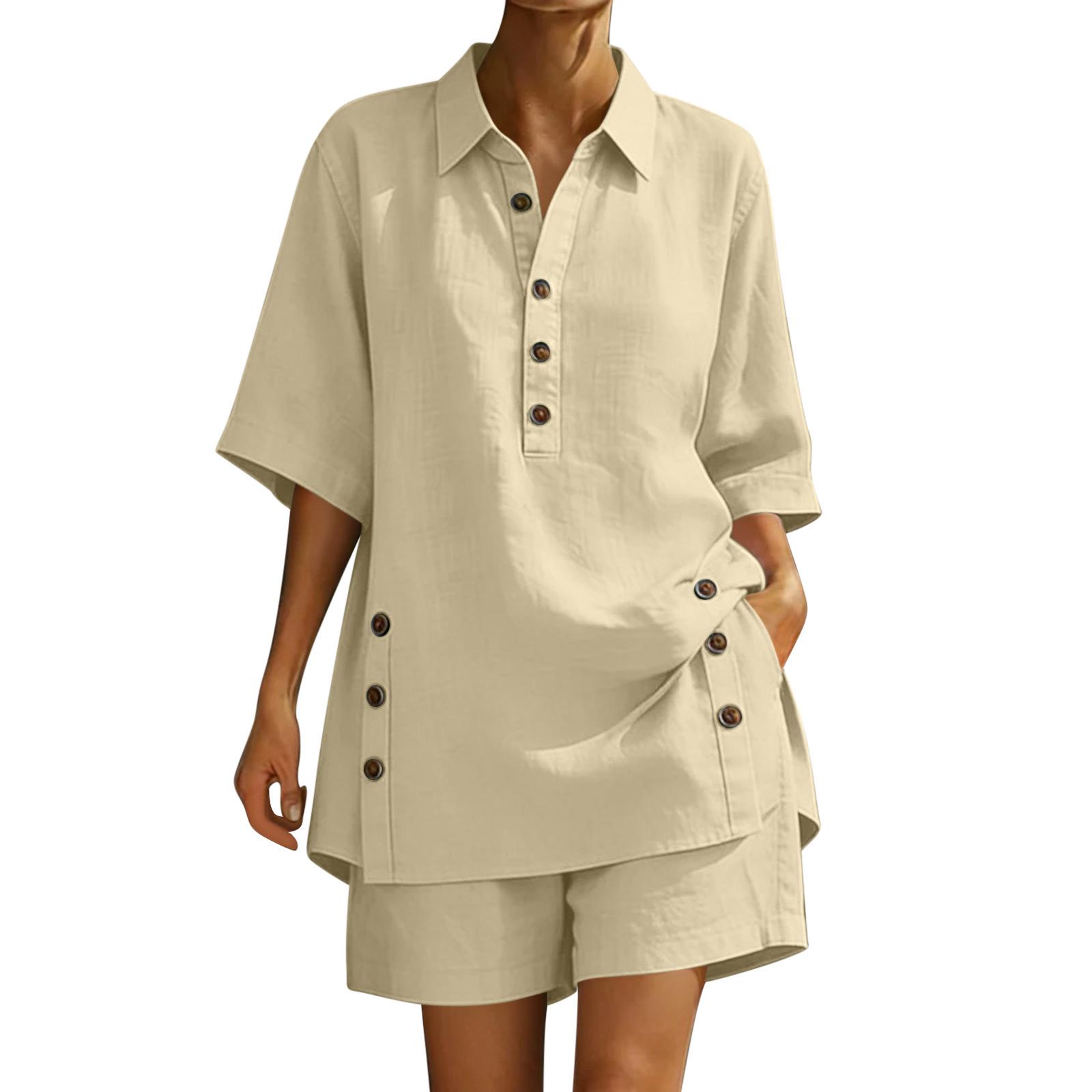 Women s Linen Two-Piece Set: Short-Sleeve Shirt & Loose Pants (2026) 2XL хаки