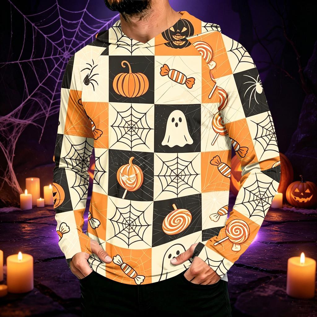 Men's Long Sleeve Sun Hoodie with Halloween Print for Outdoor Activities