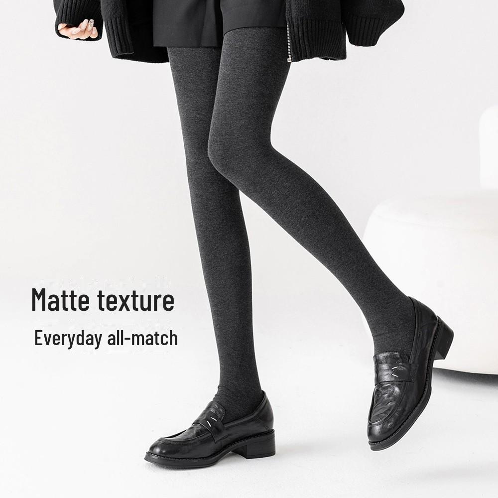 Women's High-Waisted Gray Leggings with Vertical Stripes – Slimming Cotton Pants with Velvet Lining for Petite Women In Autumn and Winter.