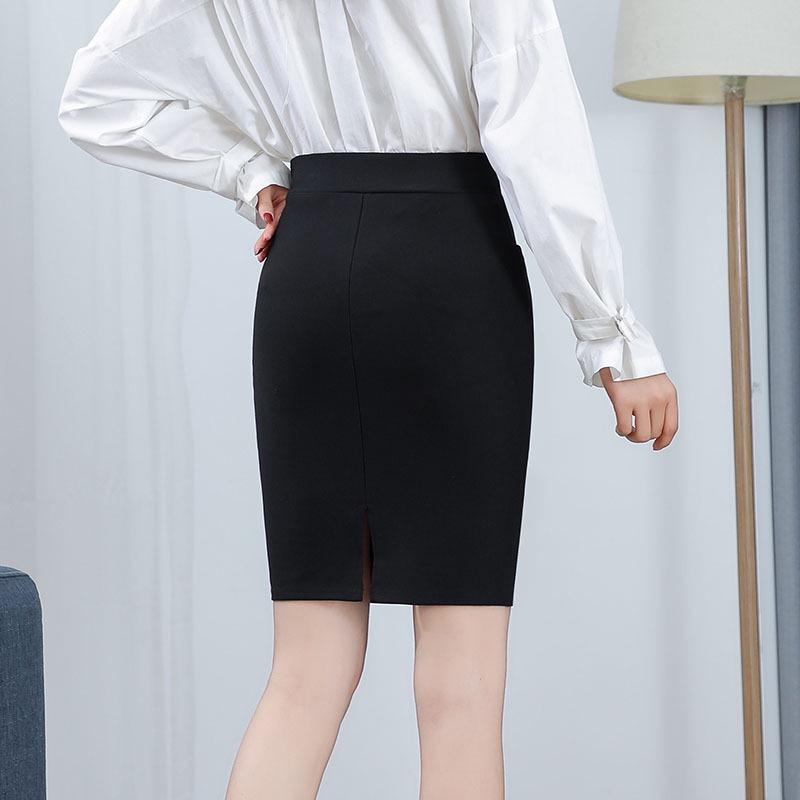 Cross-Border High Waist Elastic Midi Skirt with Pockets - Black Slimming Office Skirt for Women