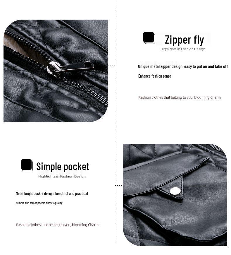 Women's Short Fleece-Lined Leather Motorcycle Jacket - Winter Fashion Cotton-Padded Coat