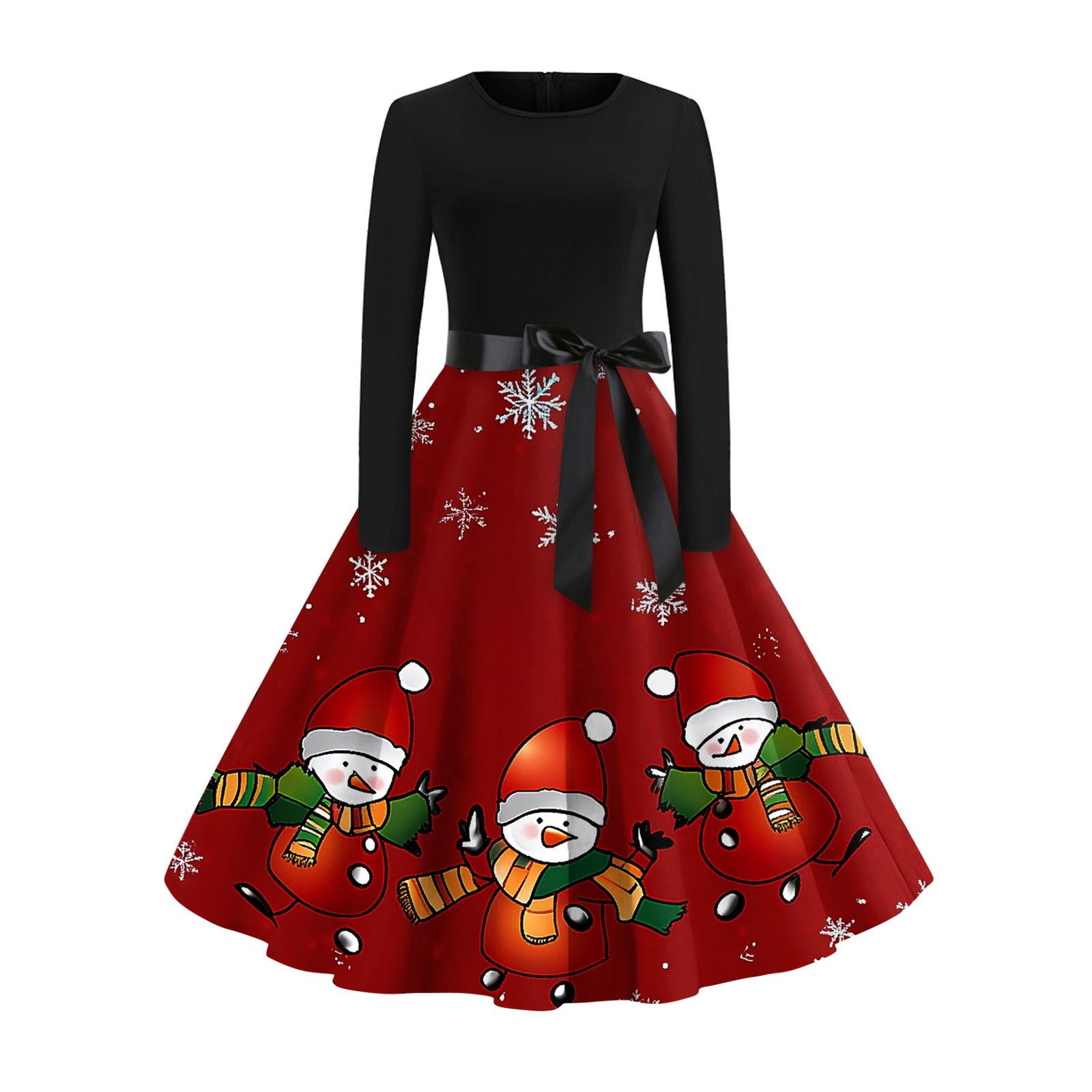 Рождественский принт расклешенное платье для женщин платье с длинным рукавом полые — фото 5