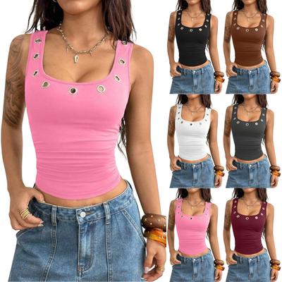 Ärmelloses Damen-Tanktop mit quadratischem Ausschnitt und Metallösen, figurbetont, lässig, Mode-Weste für den Alltag