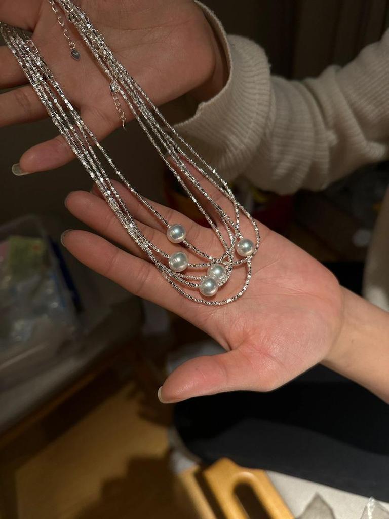 Shi Jia Women's Large Pearl Silver Necklace, S925 Sterling Clavicle Chain, Light Luxury High-End Design