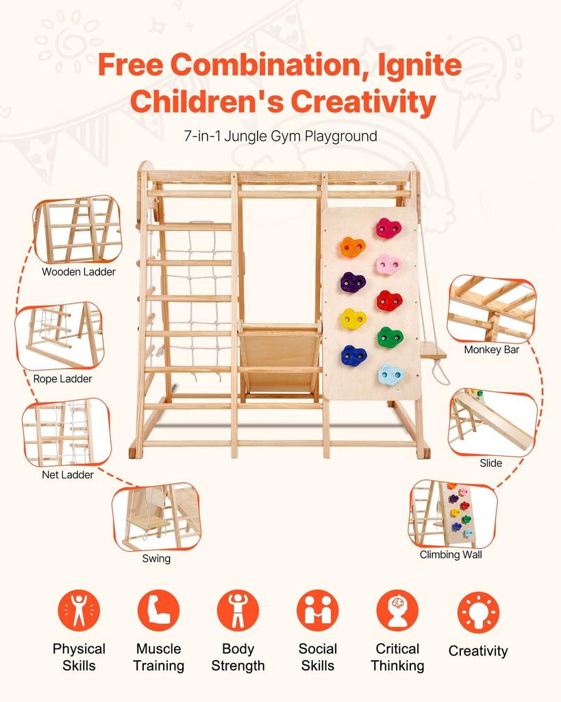 Indoor Jungle Gym, 7-in-1 Toddler Indoor Playground, 120 x 147 x 142 cm, with Wood and Rope Ladder, Net Ladder, Swing, Monkey Bar, Slide, Climbing