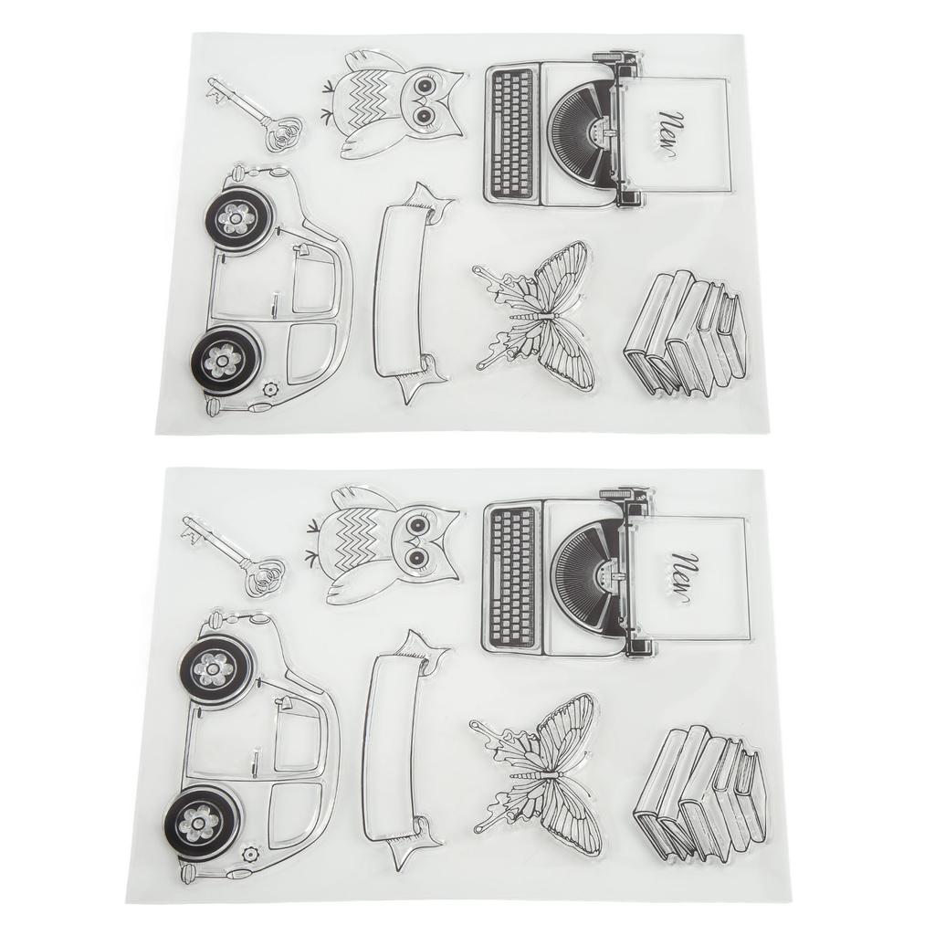 2Pcs Transparent Briefmarken Klar Impressum Schreibmaschine Auto Eule Muster Silikon Klar Briefmarken Dichtungen fo