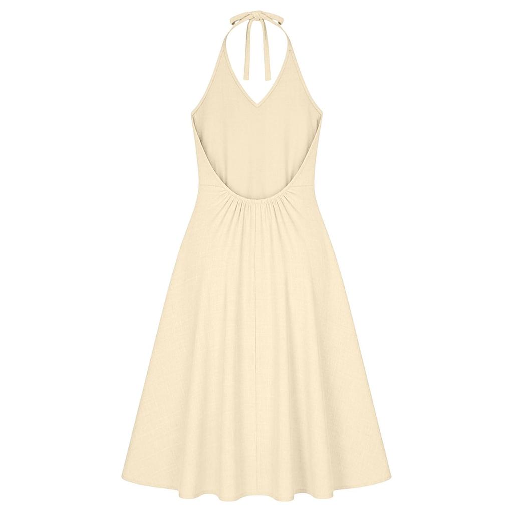 Women’s Summer Sleeveless V Neck Backless Dress with Pockets Cotton Linen Casual Sun Dress for Daily Wear Beach Holiday