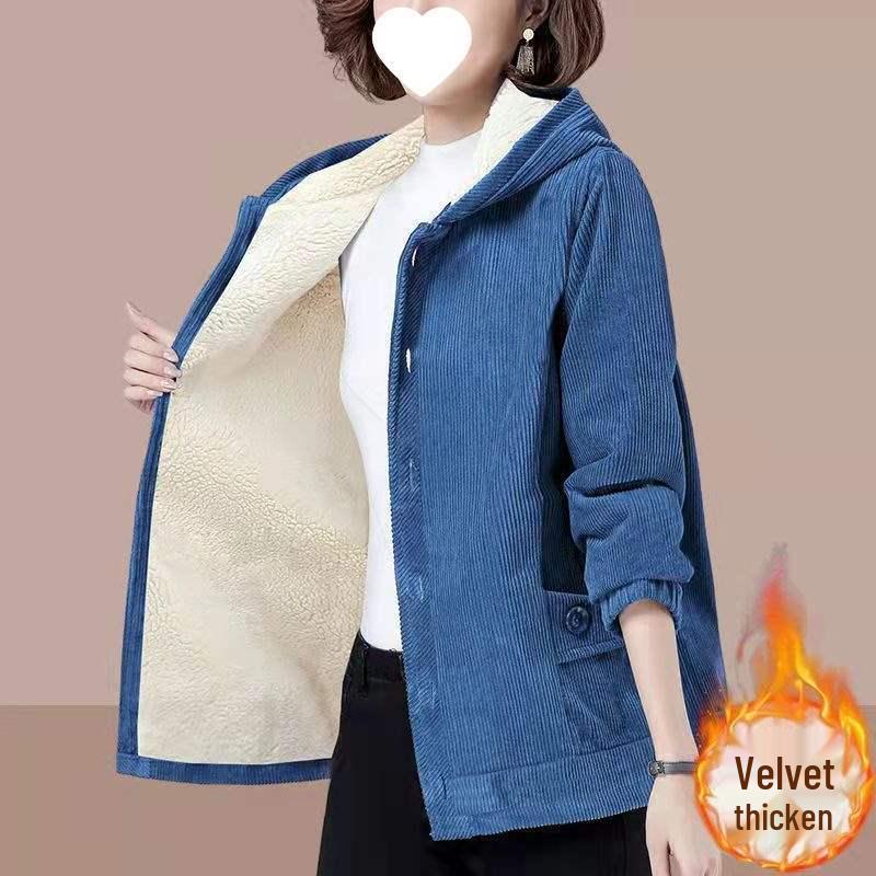 Women's Corduroy Jacket - Thick Velvet, Simple Loose Fit, Plus Size, Slimming Korean Style for Autumn and Winter.
