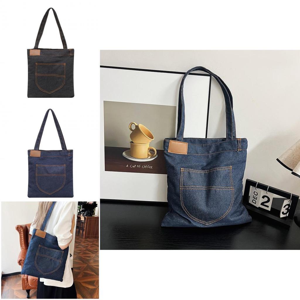 Denim Shoulder Bag Large Capacity Shopping Tote With Zipper For Daily Use