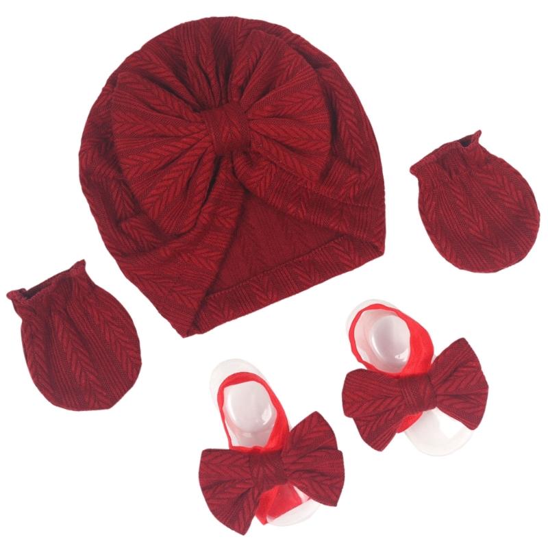 Baby Turban Hat Hospital Nursery Hat with Gloves & Feet Bowknot Newborns Soft Bonnet Caps Set for Baby 0-3 Month