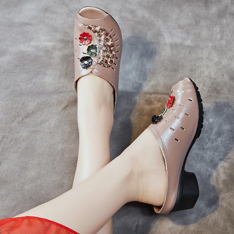 Slippers summer 2025 new first-layer cowhide thick heel soft-soled sandals outer wear ethnic style hollow breathable hole shoes