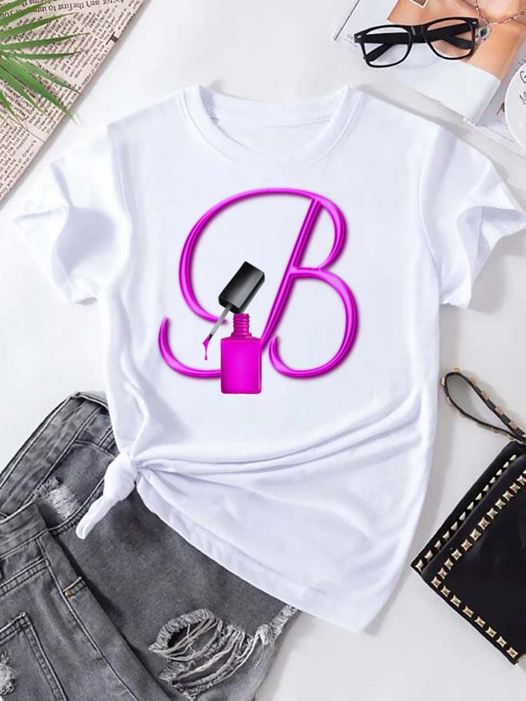 Maycaur Custom Name Letter Combination Fashion Women T-shirt Nail Polish Letter Font A B C D E F G Short Sleeve Tops Female Tees
