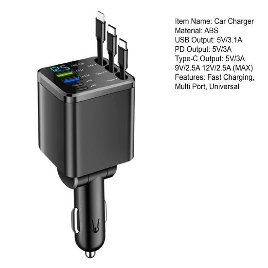 7-in-1 Retractable Car Charger Fast Charging Car Adapter with Digital Display 2 USB Ports
