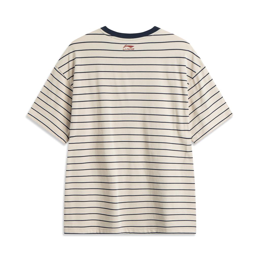 Li Ning Sports Lifestyle Series Striped Letter Round Neck Breathable Versatile Short Sleeve T-Shirt Unisex Tops Sand-Khaki AHSV281-4