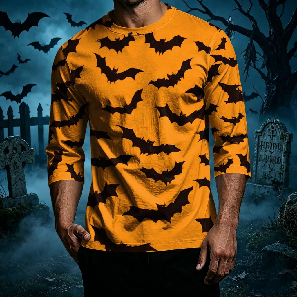Men's Halloween Print Casual T Shirt 3 4 Sleeve Crew Neck Top Lightweight Comfortable Fit Seasonal Graphic Tee