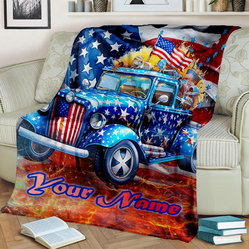 1PC Custom Name American Flag Truck Art flannel blanket versatile, all-season throw suitable for the living room, bedroom, camping, travel, and gift