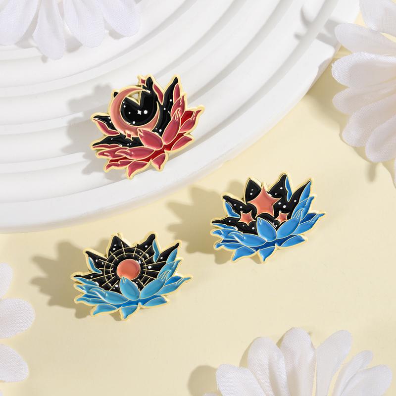 Night Sky Lotus Enamel Pins Custom Moon Stars Sun Brooches Lapel Badges Clothes Plant Jewelry Gift for Friends