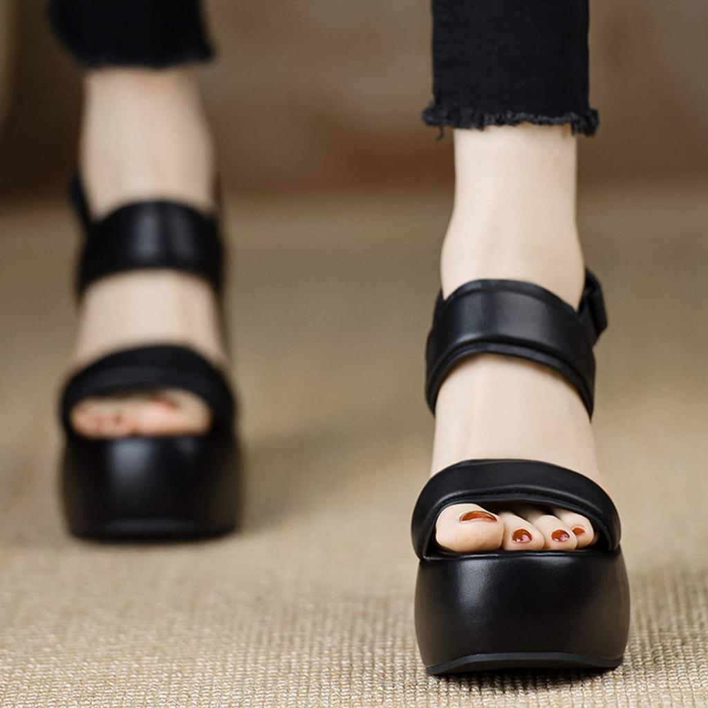 Krazing Pot Sheepskin Peep Toe Thick High Heels Platform Summer Shoes Hook Loop Casual Women Sandals