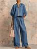 Women's Pink Short Sleeve V-Neck Zipper Front Drawstring Waist Wide Leg Pants Set