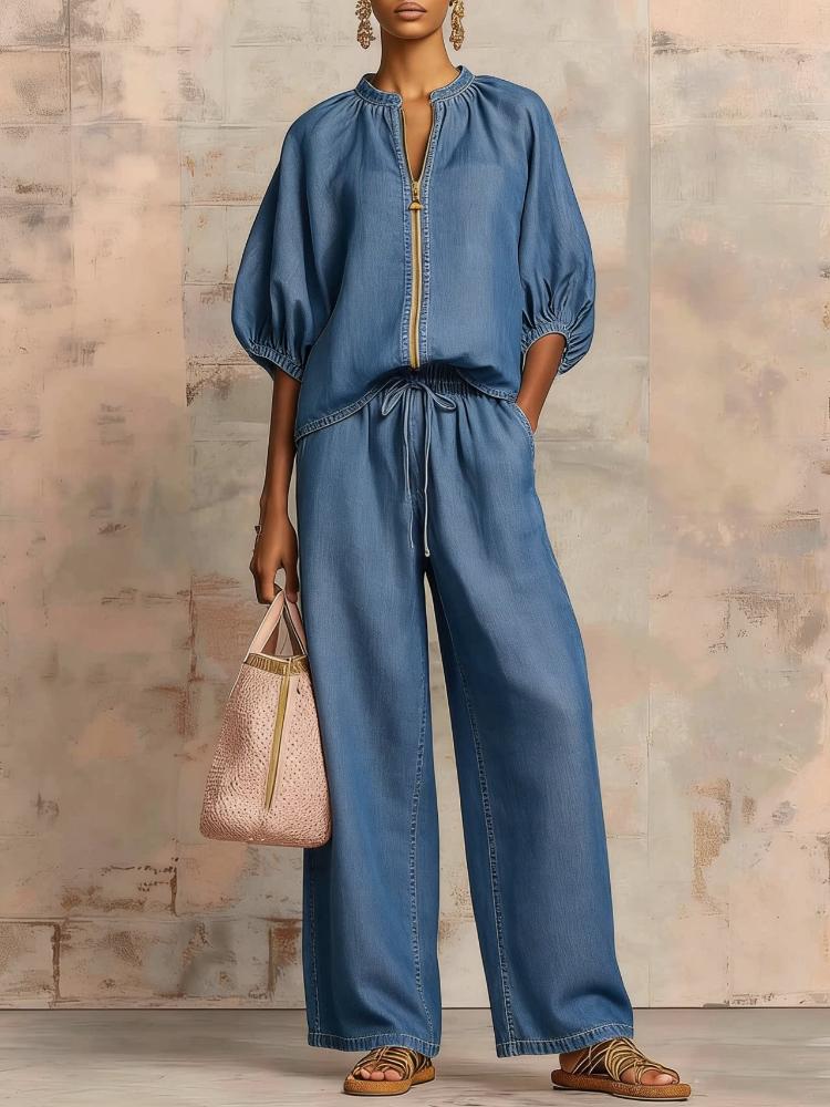 Women's Pink Short Sleeve V-Neck Zipper Front Drawstring Waist Wide Leg Pants Set