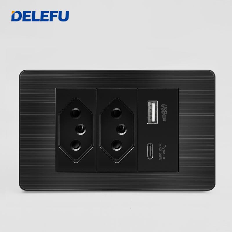 DELEFU Brazilian Model 118 Type 10A/20A Stainless Steel Black Durable PC USB Socket with Type-C 20W Fast Charging